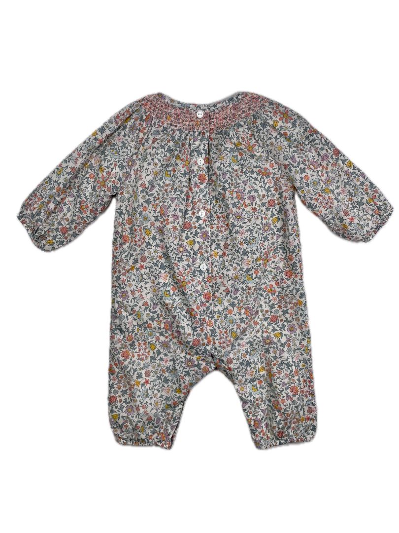 3 mo, Cyrillus, Cream, Liberty fabric floral jumpsuit, smocked neckline, snap legs