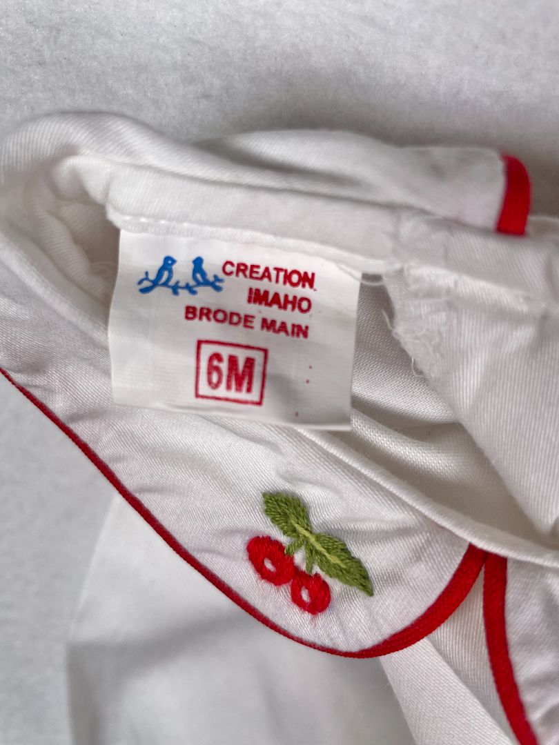 6 mo, Creation Imaho, White, Long-sleeve blouse w/ red piped peter pan collar, embroidered cherries
