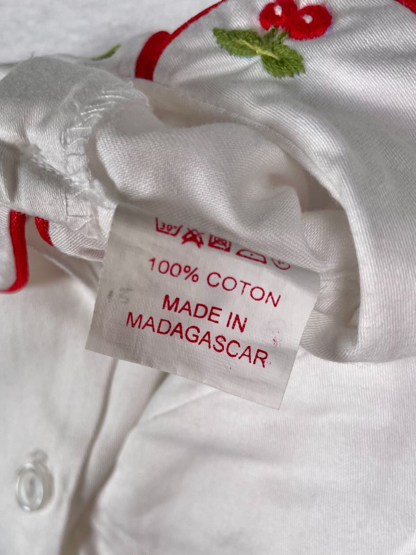 6 mo, Creation Imaho, White, Long-sleeve blouse w/ red piped peter pan collar, embroidered cherries