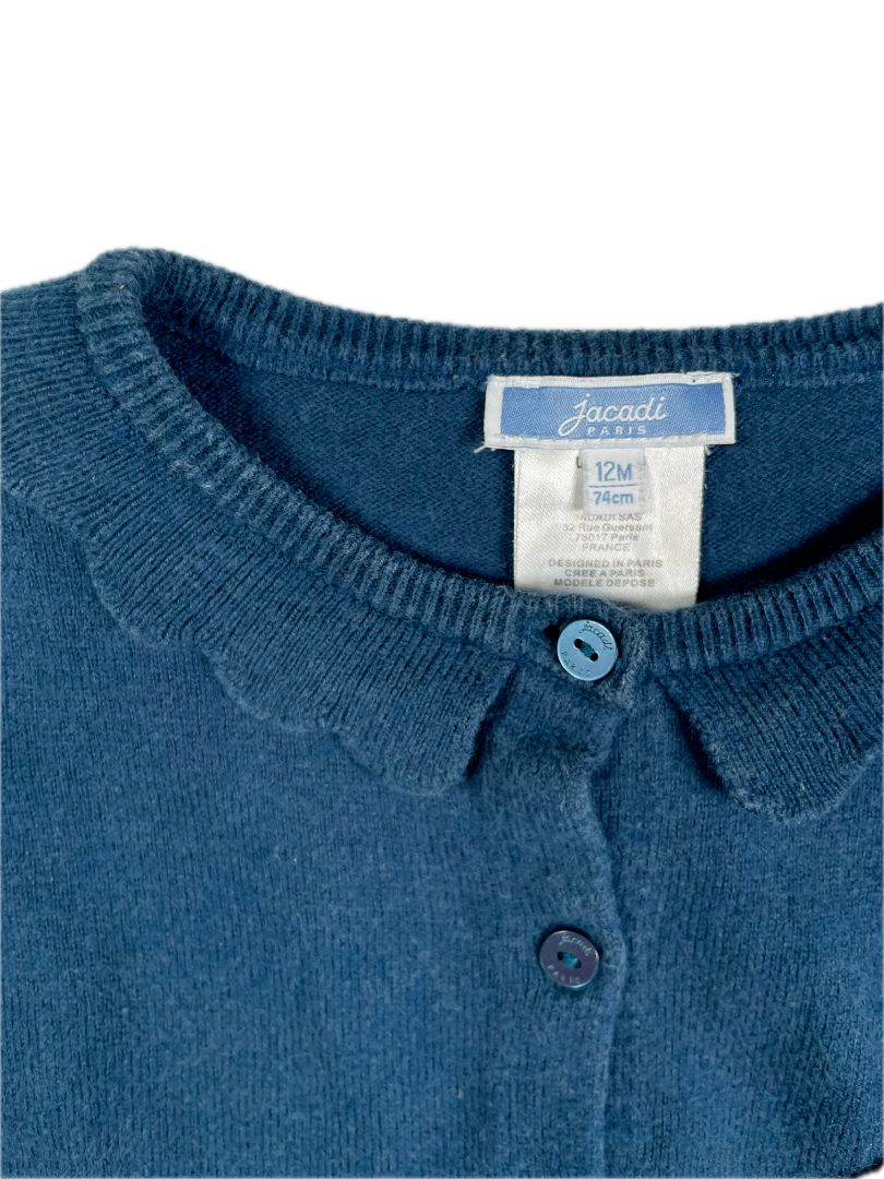 12 mo, Jacadi, Blue, Scallop collar button-up cardigan