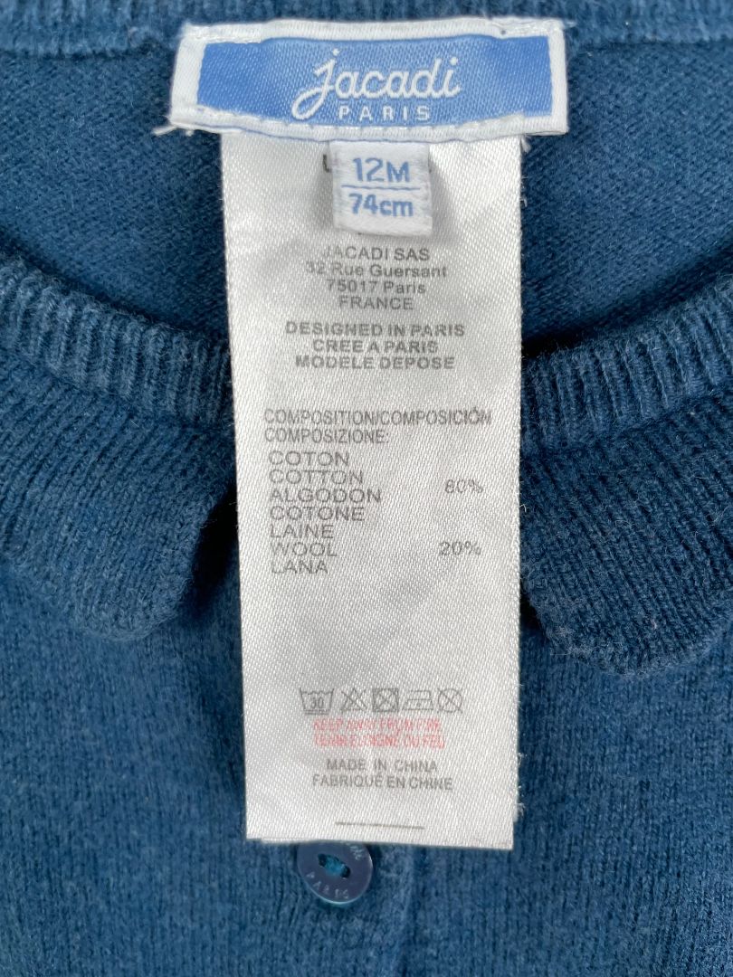 12 mo, Jacadi, Blue, Scallop collar button-up cardigan