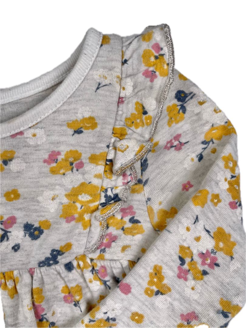 18 mo, Petit Bateau, Grey, Yellow/pink floral long-sleeve heavy cotton dress, silver lined ruffles at chest