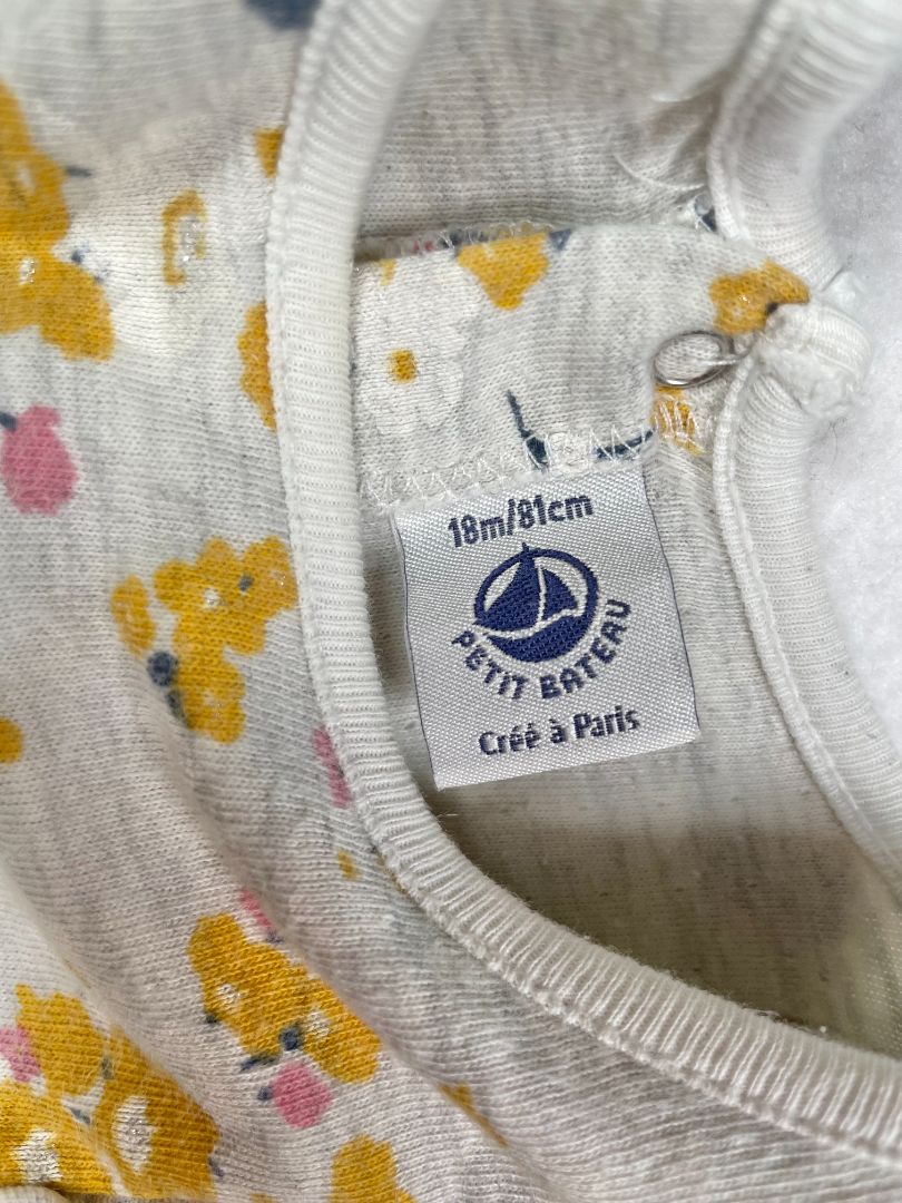 18 mo, Petit Bateau, Grey, Yellow/pink floral long-sleeve heavy cotton dress, silver lined ruffles at chest