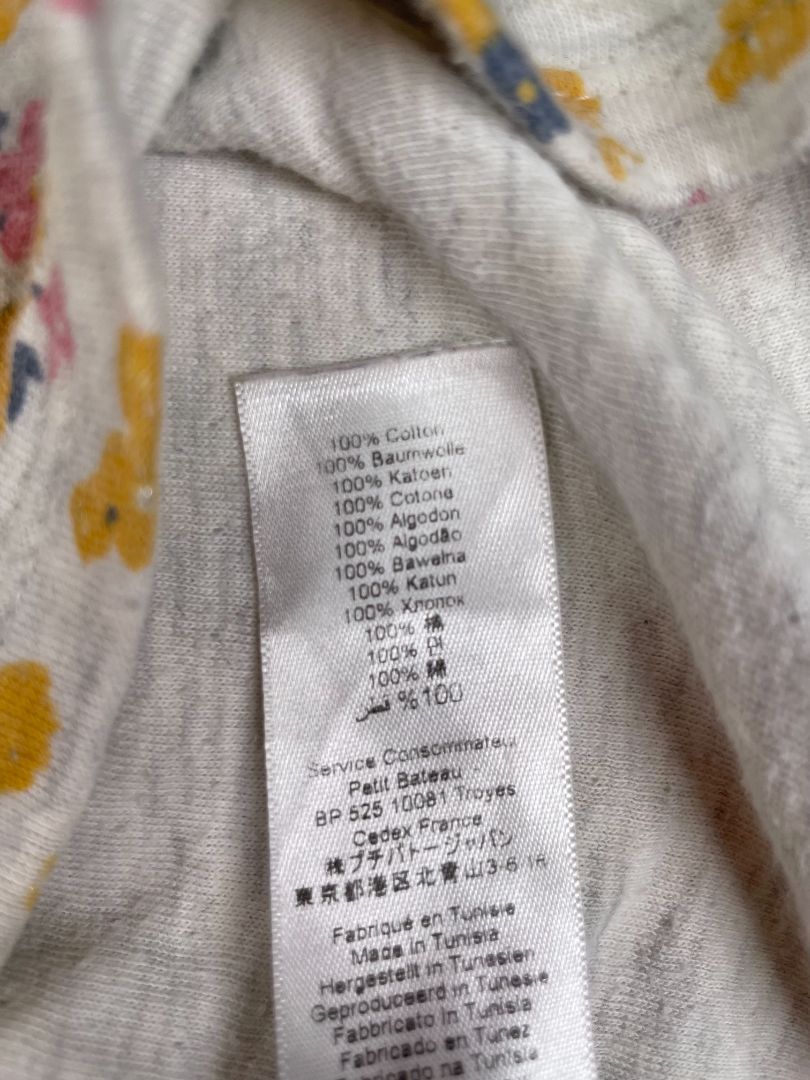 18 mo, Petit Bateau, Grey, Yellow/pink floral long-sleeve heavy cotton dress, silver lined ruffles at chest