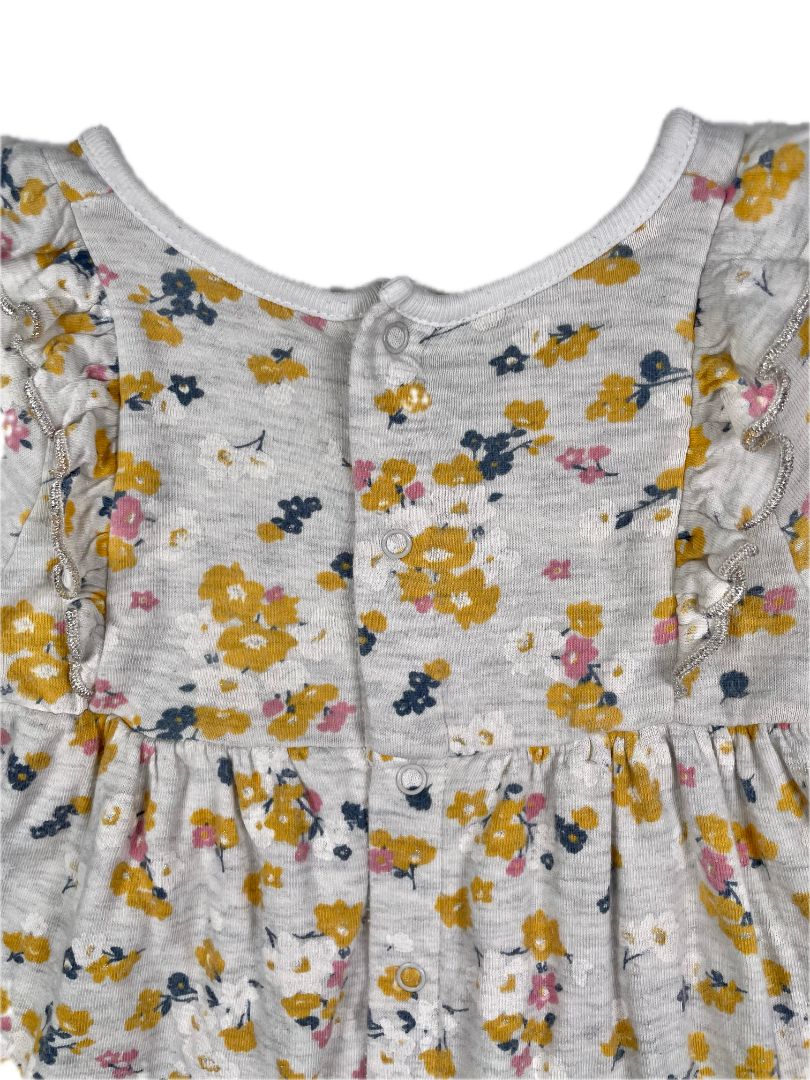 18 mo, Petit Bateau, Grey, Yellow/pink floral long-sleeve heavy cotton dress, silver lined ruffles at chest
