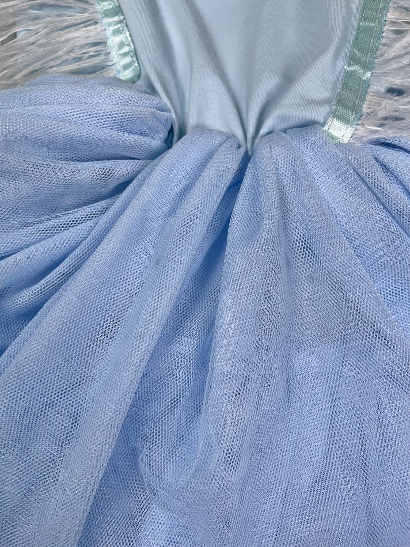 6, Lola + The Boys, Blue, Sleeveless dress with feathers at chest and tiered handkerchief tulle skirt