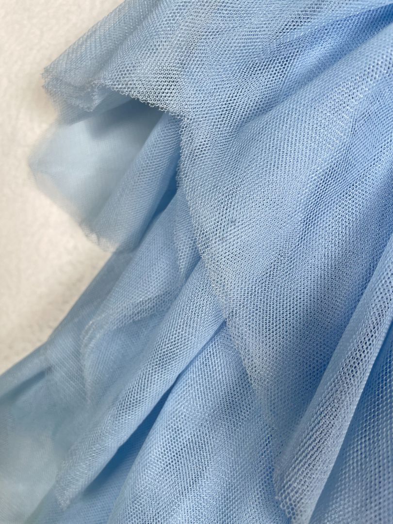 6, Lola + The Boys, Blue, Sleeveless dress with feathers at chest and tiered handkerchief tulle skirt