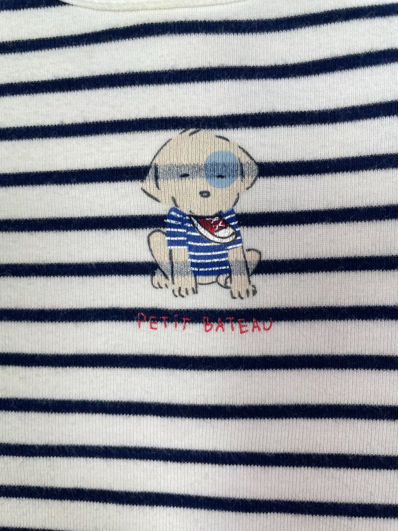 3 mo, Petit Bateau, White, Short-sleeve navy striped layered bodysuit w/ puppy