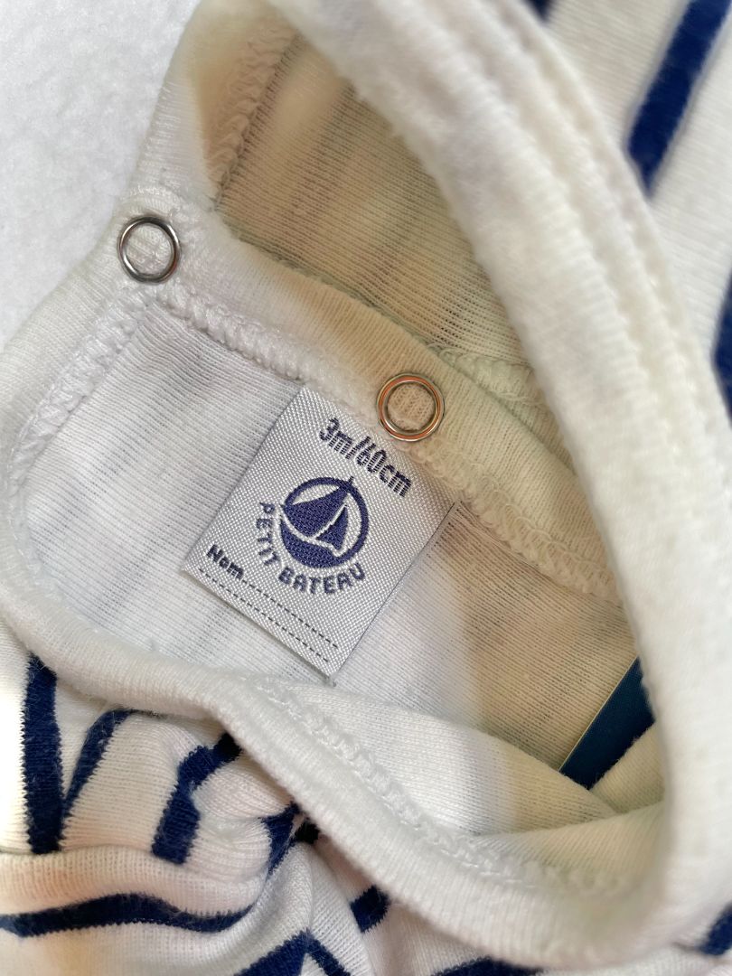 3 mo, Petit Bateau, White, Short-sleeve navy striped layered bodysuit w/ puppy