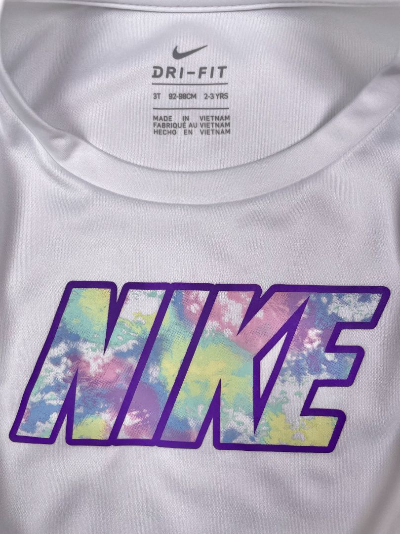 3/3T, Nike, White, Dri-FIT activewear t-shirt w/ purple tie-dye logo