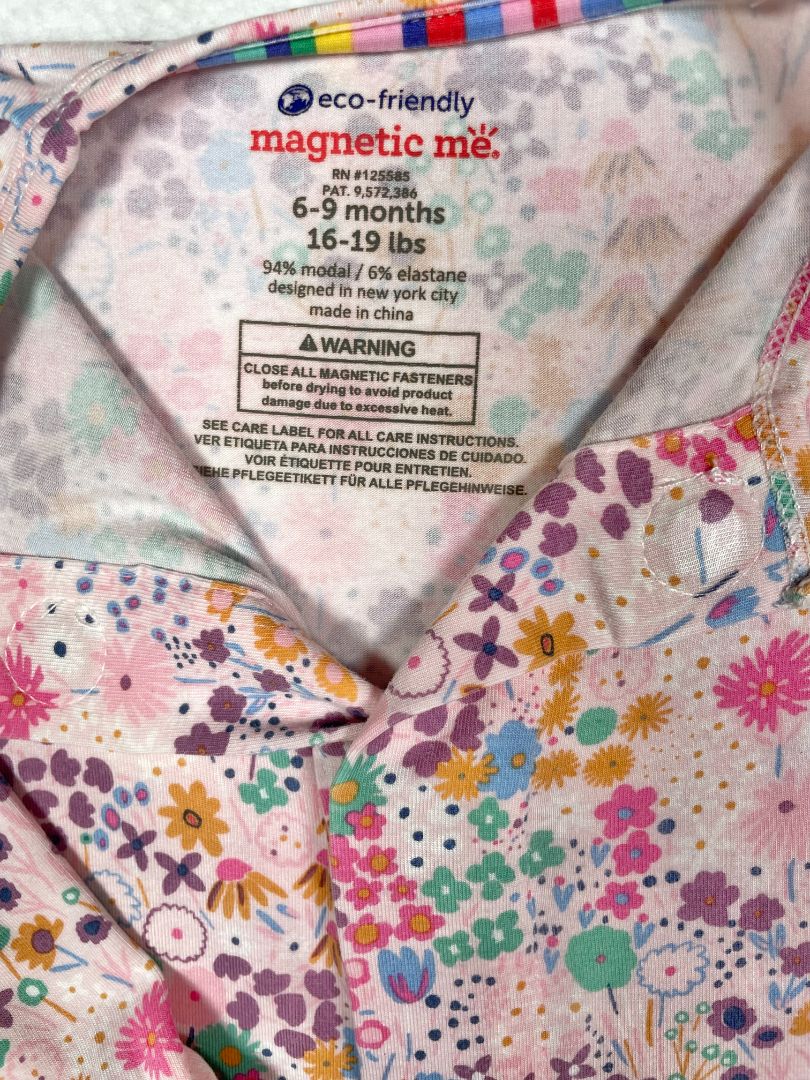 6-9 mo, Magnetic Me, Pink, Floral long-sleeve footed sleeper, magnetic closure, purple/blue/green