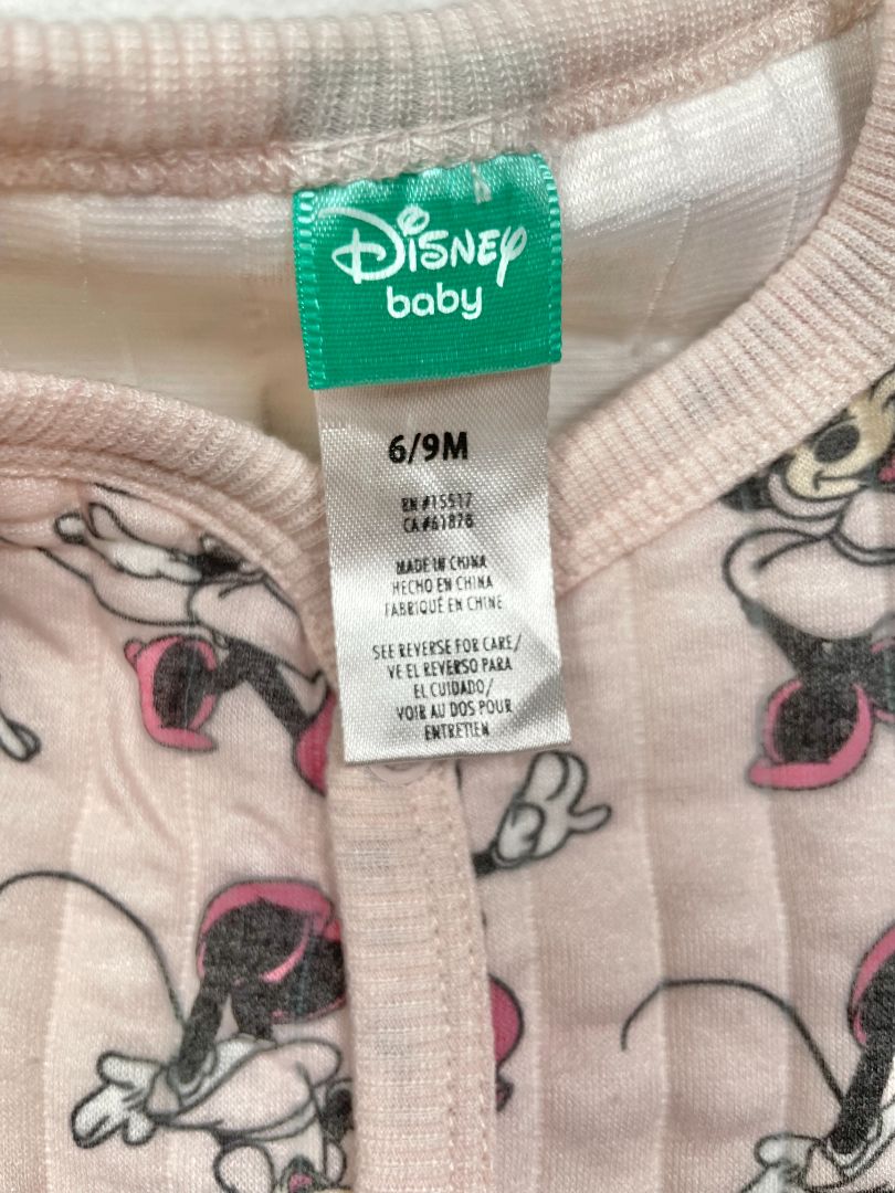 6-9 mo, Disney, Pink, Minnie Mouse quilted footed coverall, snap closure