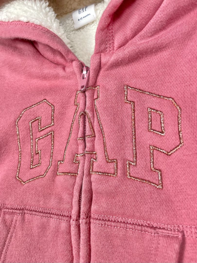 6-12 mo, babyGap, Pink, Shearling-lined zip-up sparkly logo hoodie