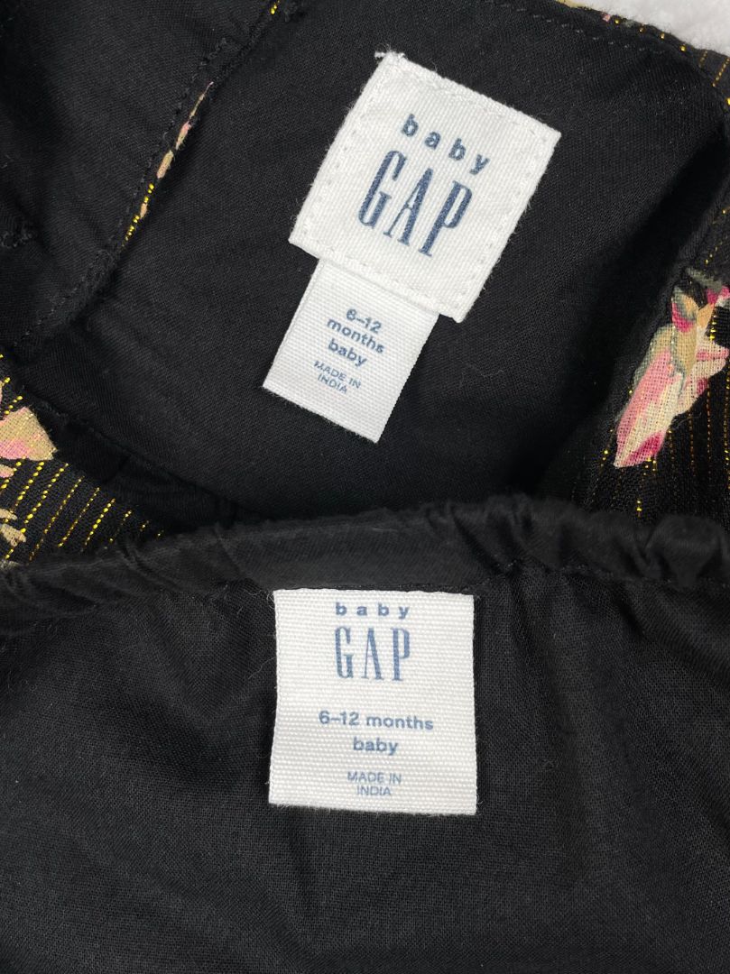 6-12 mo, babyGap, Black, Rose dress w/ vertical gold metallic thread + bloomers SET