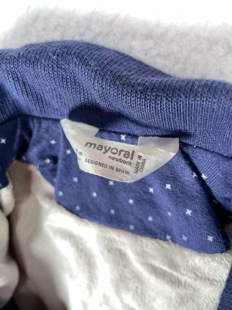 1-2 mo, Mayoral, Blue, Lightly padded quilted jacket w/ collar, snaps, & velour lining