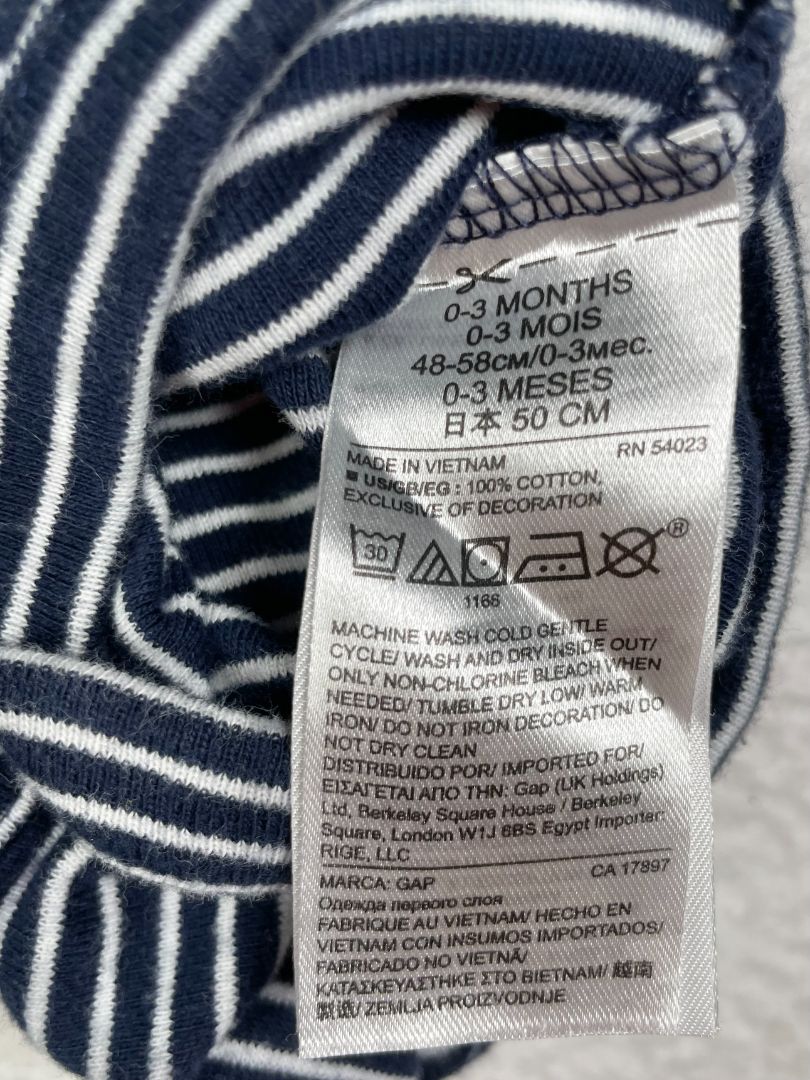 0-3 mo, babyGap, White, Navy striped long-sleeve bodysuit, blue embroidered bear