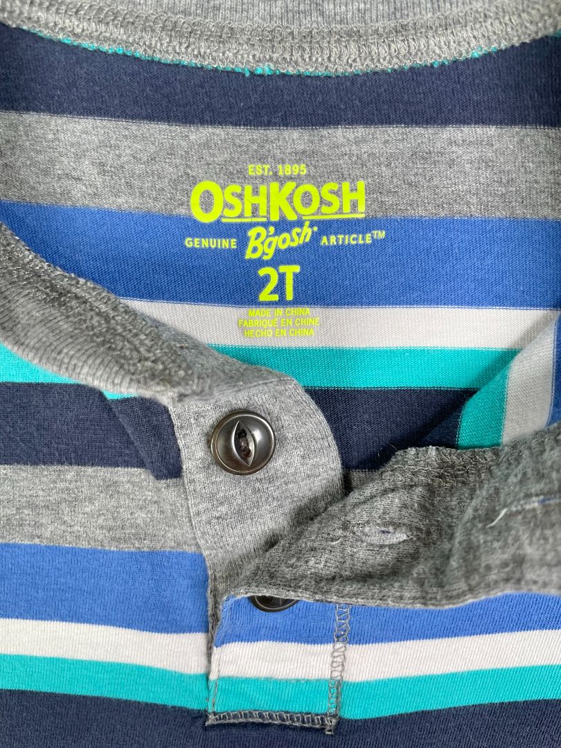 2/2T, OshKosh B'Gosh, Grey, Blue and teal striped long-sleeve henley shirt, stitched elbows