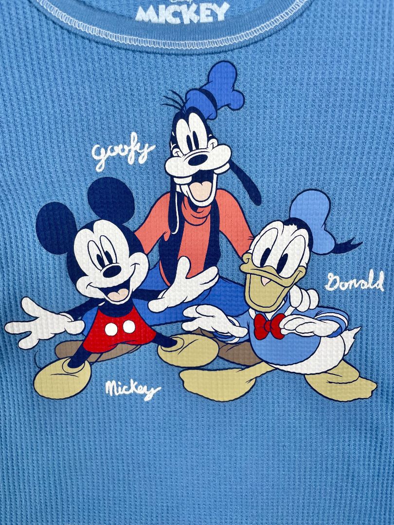 3/3T, Disney, Blue, Mickey Mouse, Goofy, Donald Duck waffle-knit long-sleeve shirt