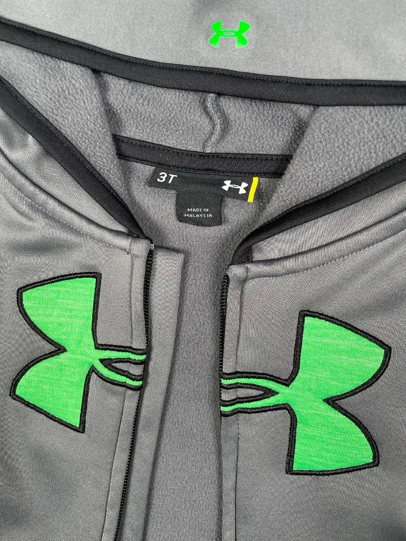 3/3T, Under Armour, Grey, Zip-up hoodie, fleece-lined, green logo
