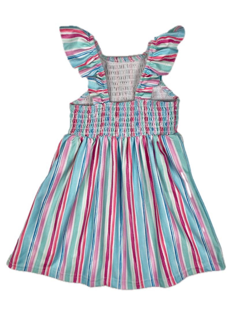 2/2T, Tommy Bahama, Multi, Flutter-sleeve vertical-striped dress w/ smocking, pink/blue/green
