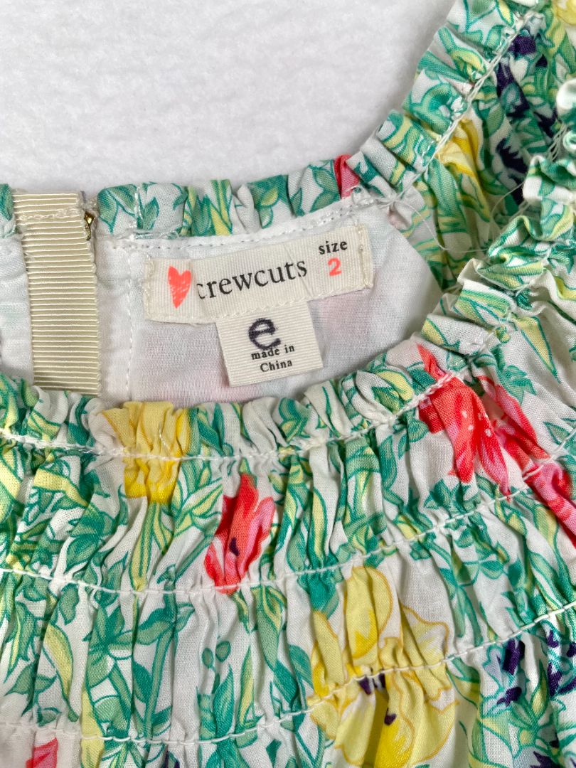 2/2T, J.Crew Crewcuts, Green, Red/yellow floral flutter-sleeve dress w/ smocked neckline, waist tie