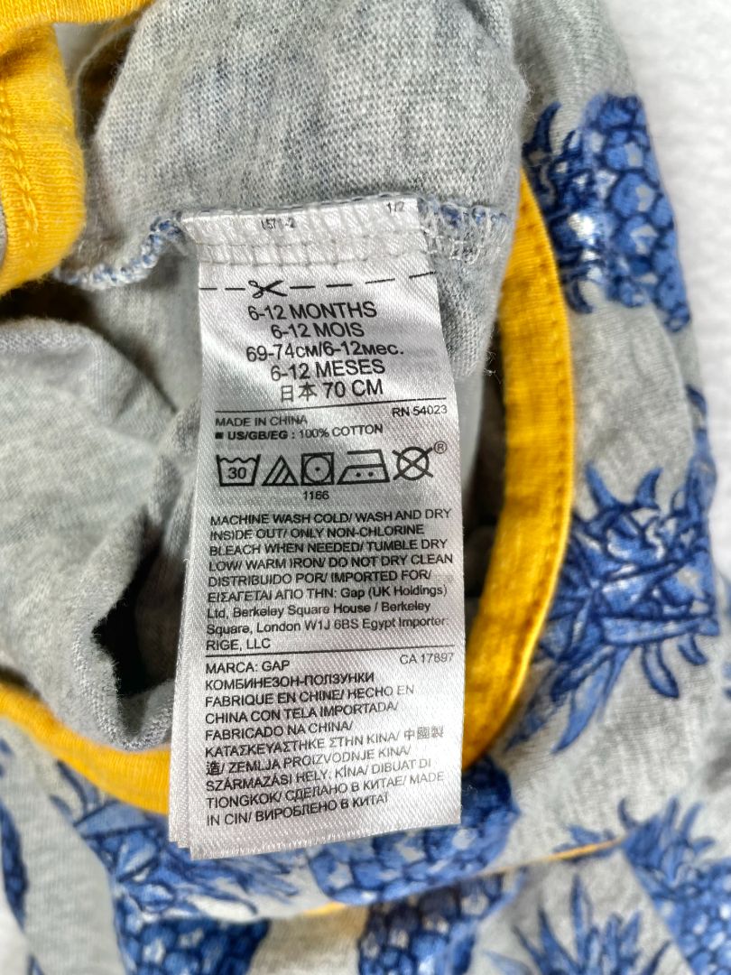 6-12 mo, babyGap, Grey, Blue pineapple sleeveless romper, yellow piping and pocket