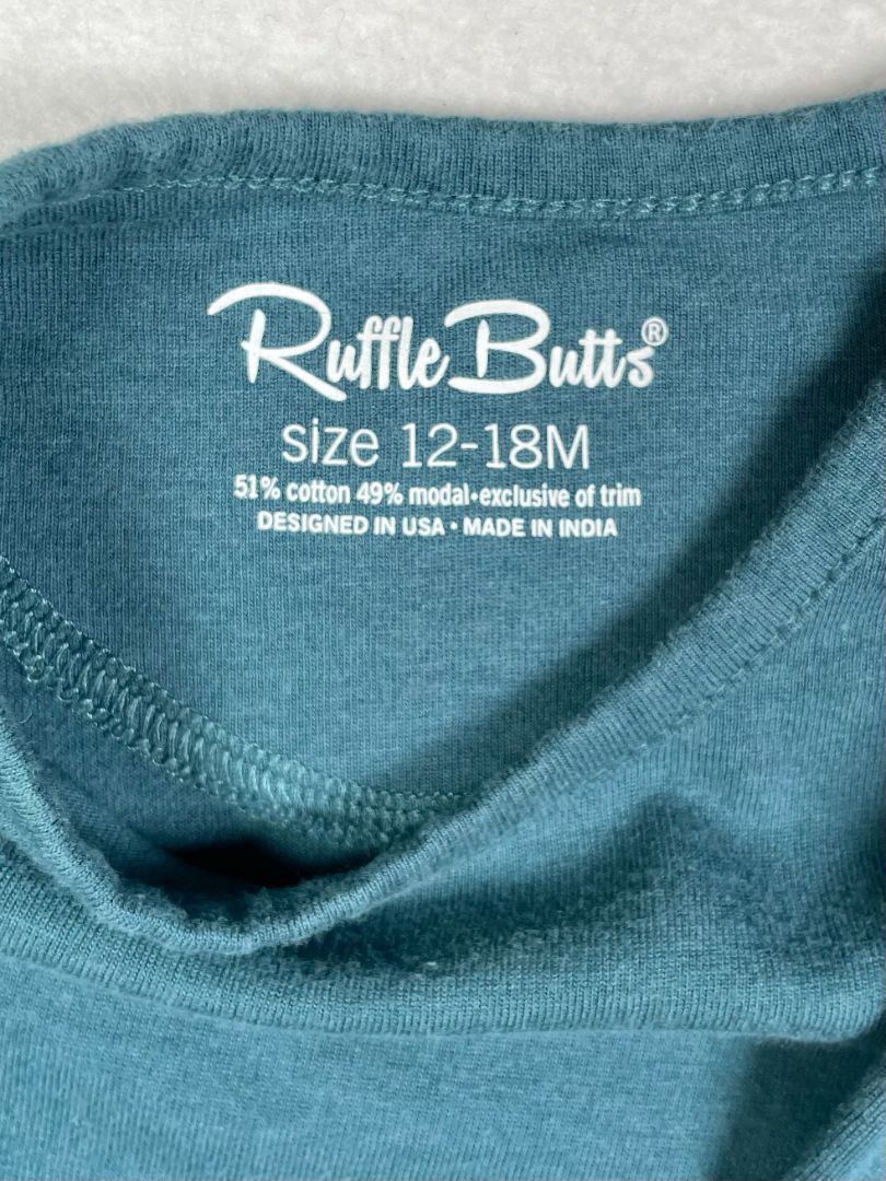 12-18 mo, Ruffle Butts, Blue, Long-sleeve bodysuit, ruffles on cuffs