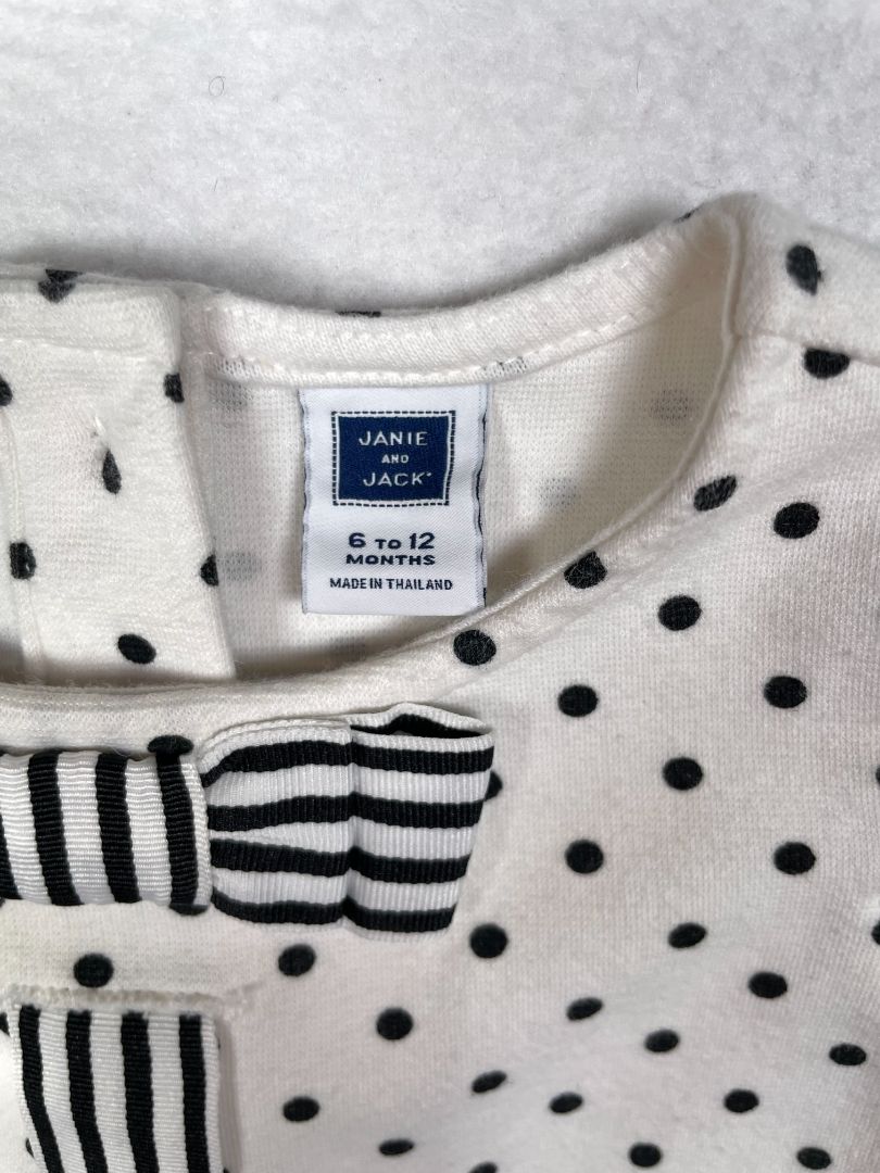 6-12 mo, Janie and Jack, White, Black polka dot cap-sleeve, drop-waist dress, striped bow and ribbon detail