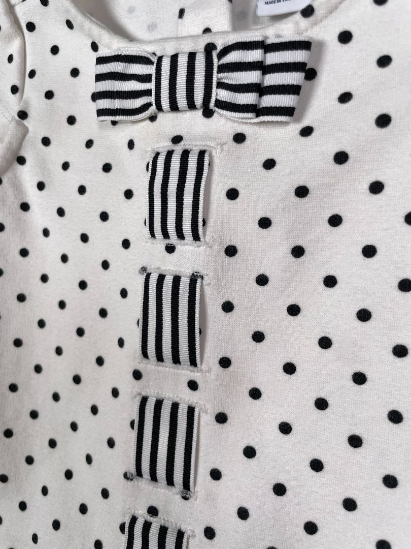 6-12 mo, Janie and Jack, White, Black polka dot cap-sleeve, drop-waist dress, striped bow and ribbon detail