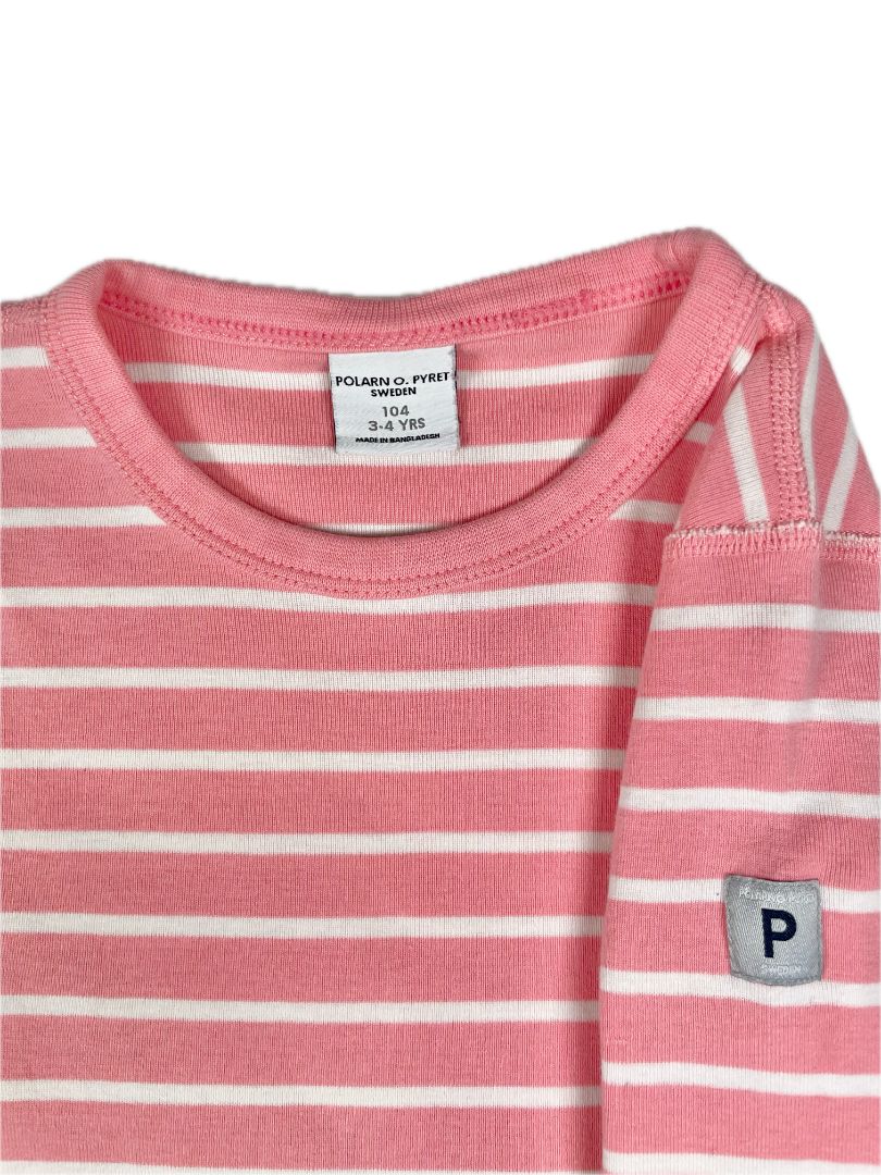 3-4 Polarn O. Pyret, Pink, Long-sleeve striped organic cotton shirt, pink/white