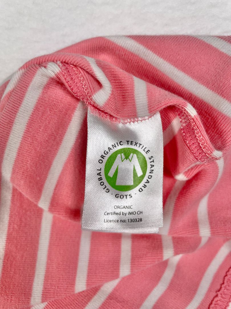 3-4 Polarn O. Pyret, Pink, Long-sleeve striped organic cotton shirt, pink/white
