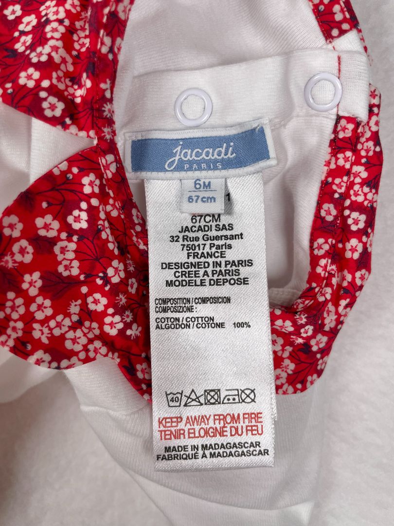 6 mo Jacadi, White, Long-sleeve bodysuit w/ red floral scalloped collar