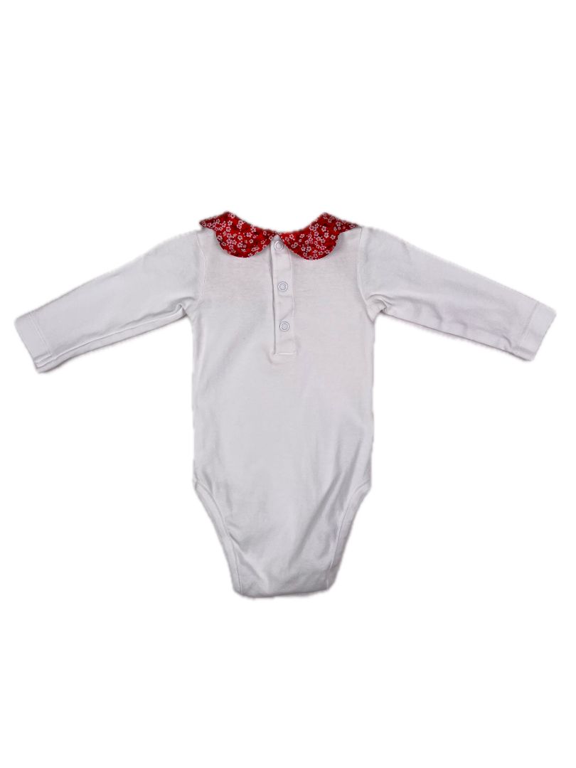 6 mo Jacadi, White, Long-sleeve bodysuit w/ red floral scalloped collar