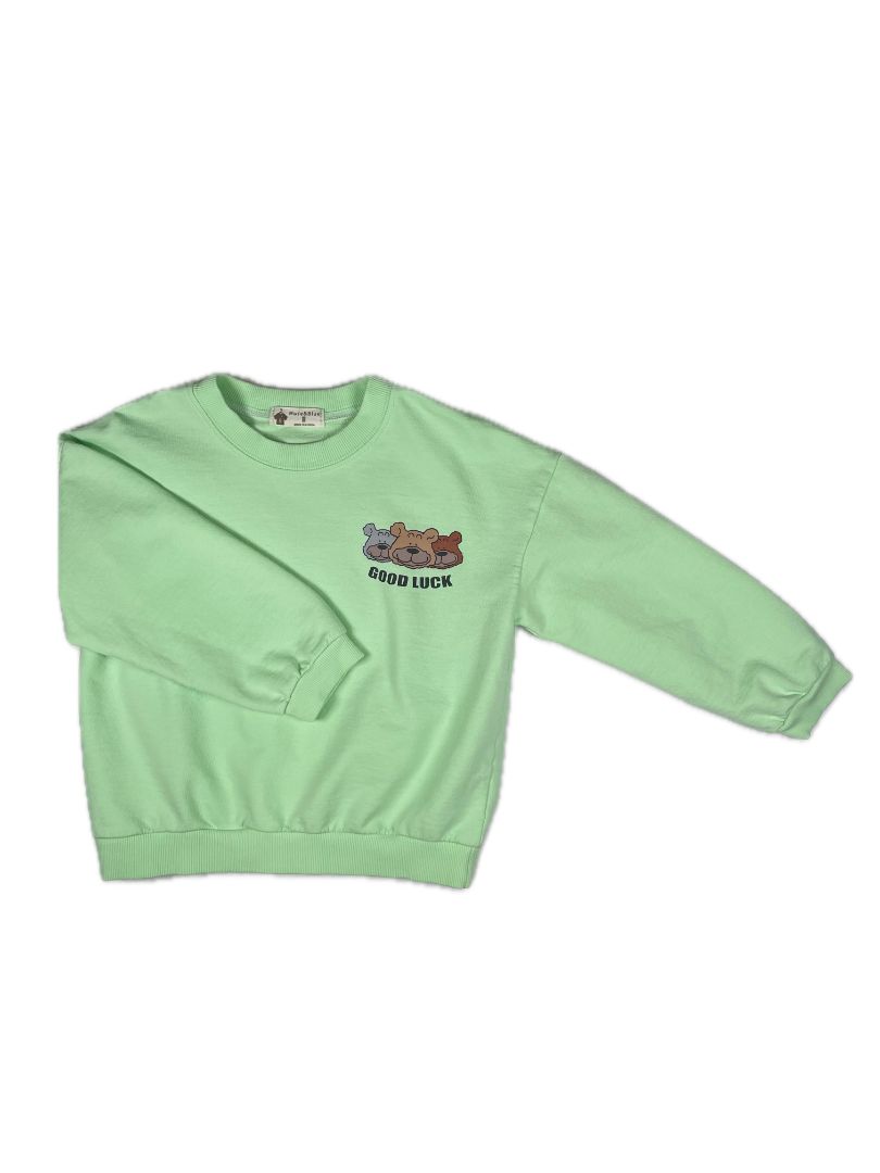 5-6, Made & Blue, Green, Korean "Good Luck" bears light sweatshirt