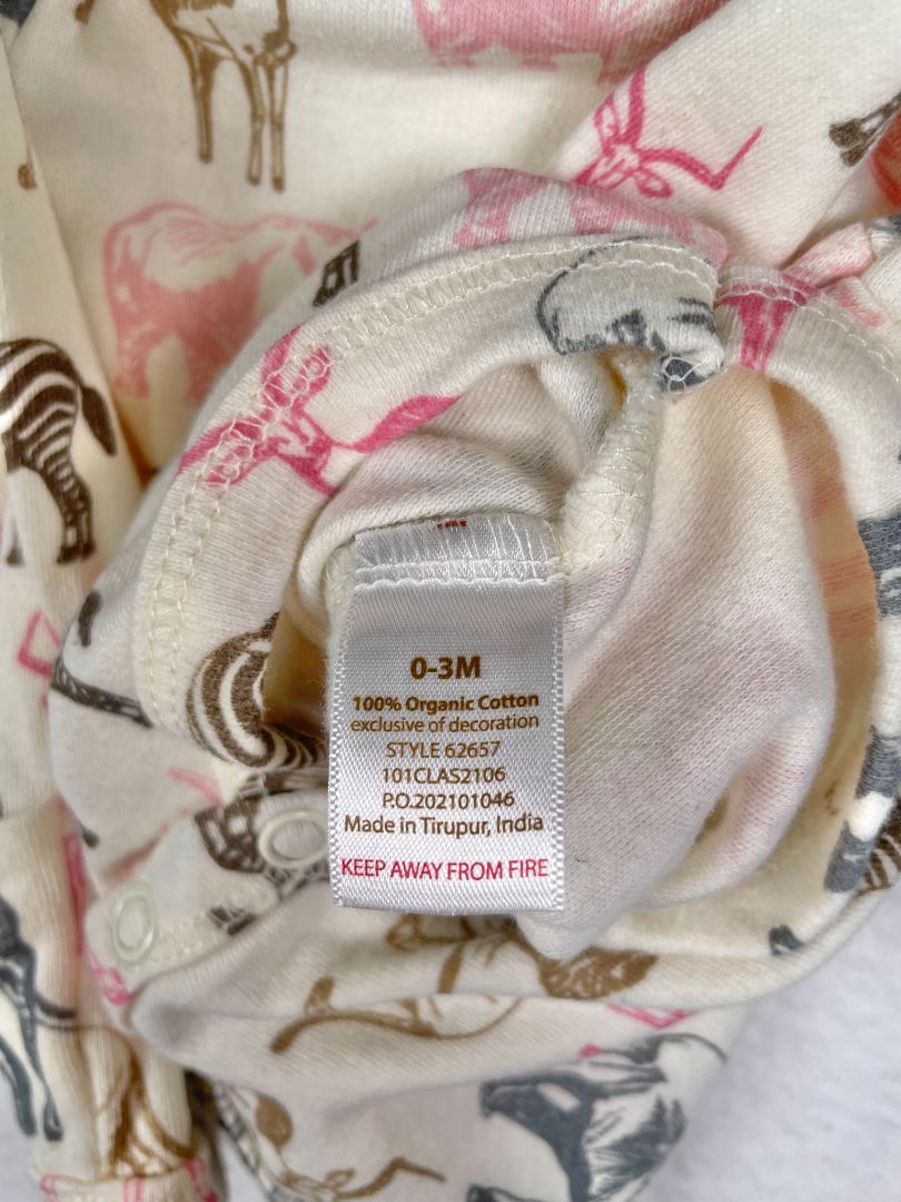 0-3 mo Touched by Nature, Cream, Organic cotton long-sleeve bodysuit, safari print w/ hand covers, pink/grey/brown
