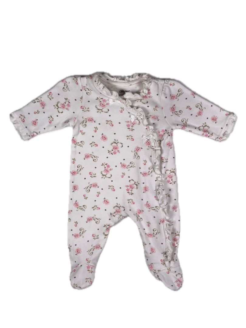 3 mo, Little Me, White, Floral print, footed, snap-up coverall w/ ruffle and bows, pink/green
