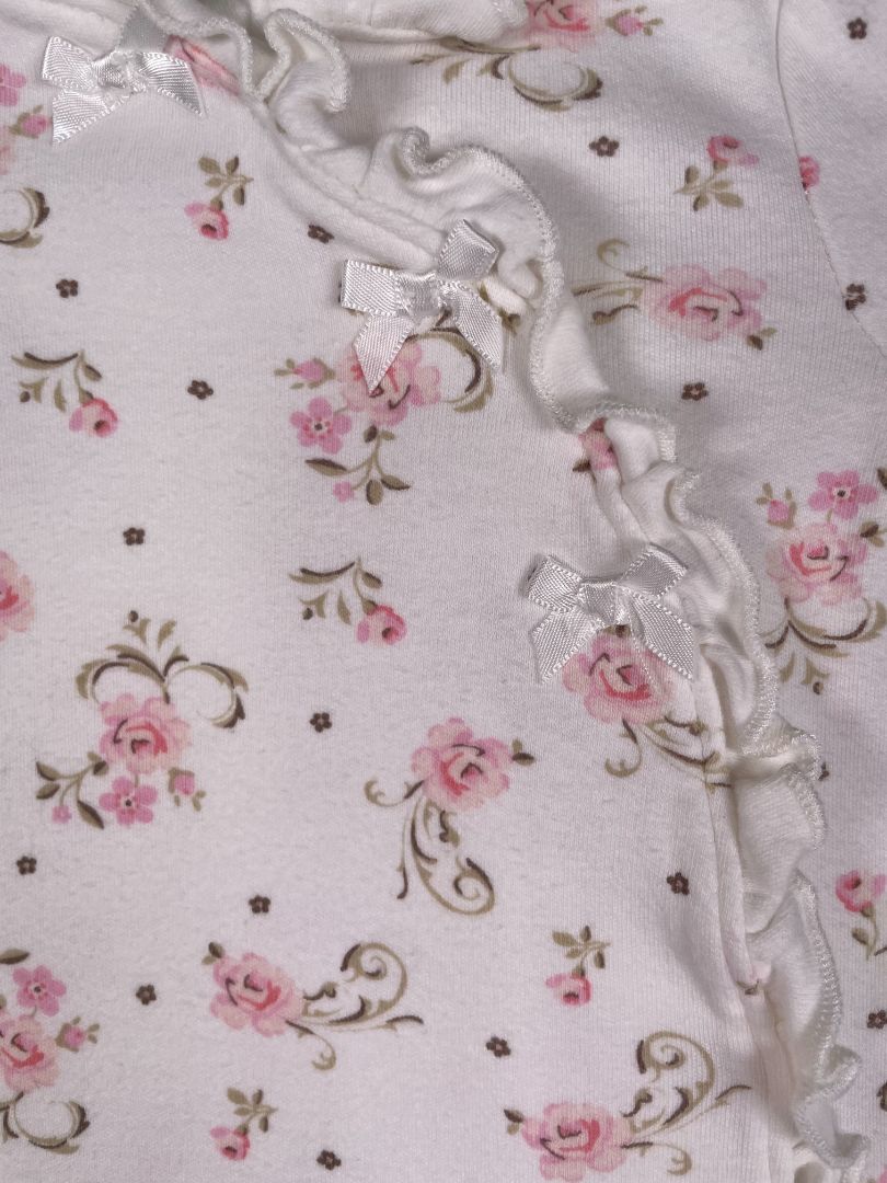 3 mo, Little Me, White, Floral print, footed, snap-up coverall w/ ruffle and bows, pink/green