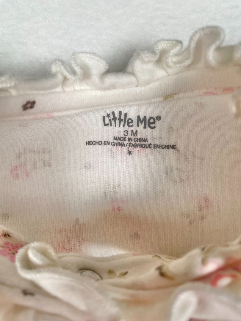 3 mo, Little Me, White, Floral print, footed, snap-up coverall w/ ruffle and bows, pink/green