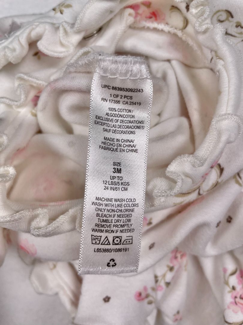 3 mo, Little Me, White, Floral print, footed, snap-up coverall w/ ruffle and bows, pink/green