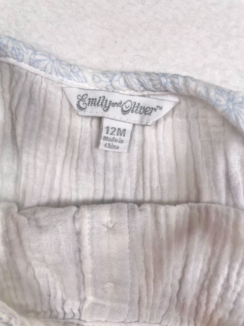 12 mo, Emily and Oliver, White, Gauzy ruffle strap romper, blue florals and verticals stripes