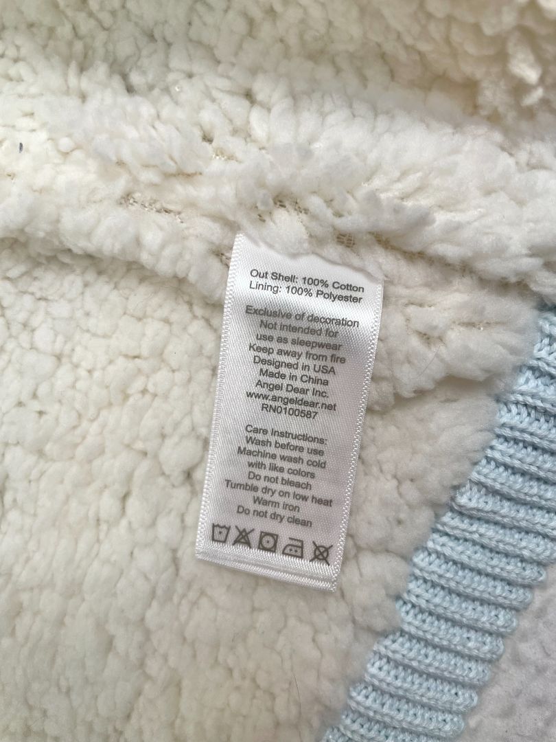 6-12 mo, Angel Dear, White, NEW w/ tags - Light blue striped cable-knit zip-up hooded sweater, sherpa lined