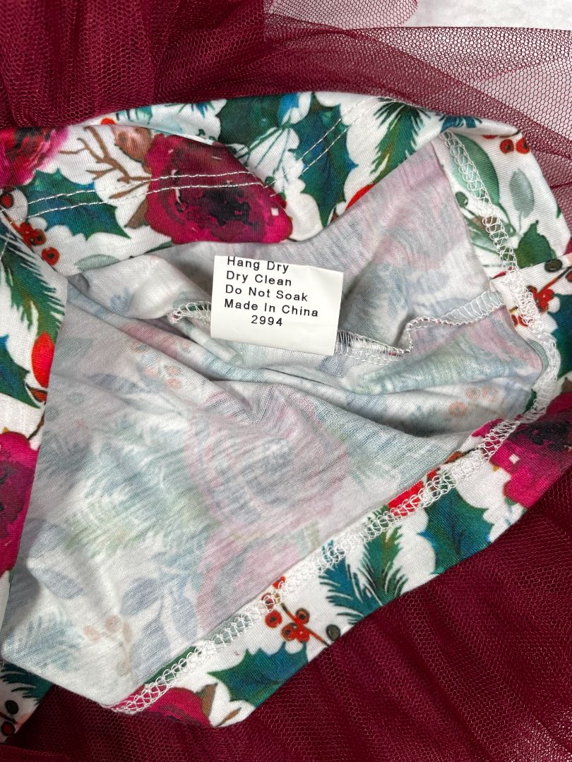 3/3T, Grace + Lucilla, Burgundy, Long-sleeve floral holiday dress, tulle skirt, ribbon bow