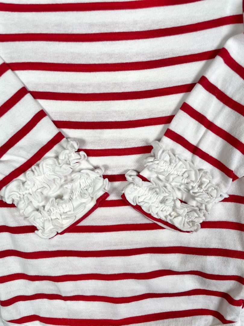18-24 mo, Ruffle Butts, White, Red striped long-sleeve bodysuit, ruffles on cuffs