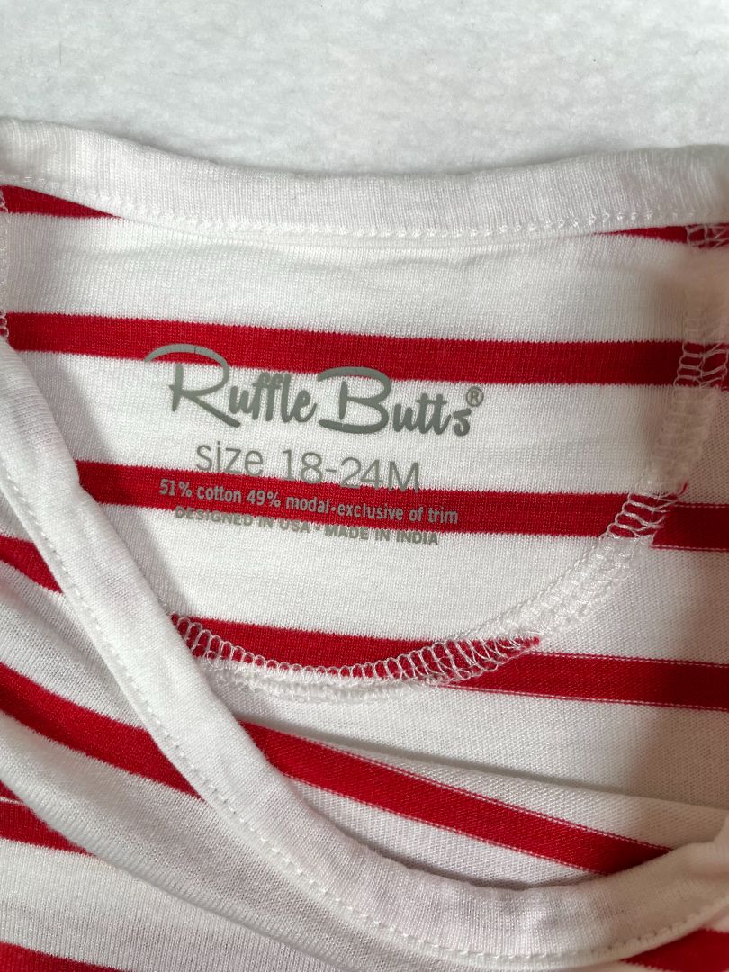 18-24 mo, Ruffle Butts, White, Red striped long-sleeve bodysuit, ruffles on cuffs