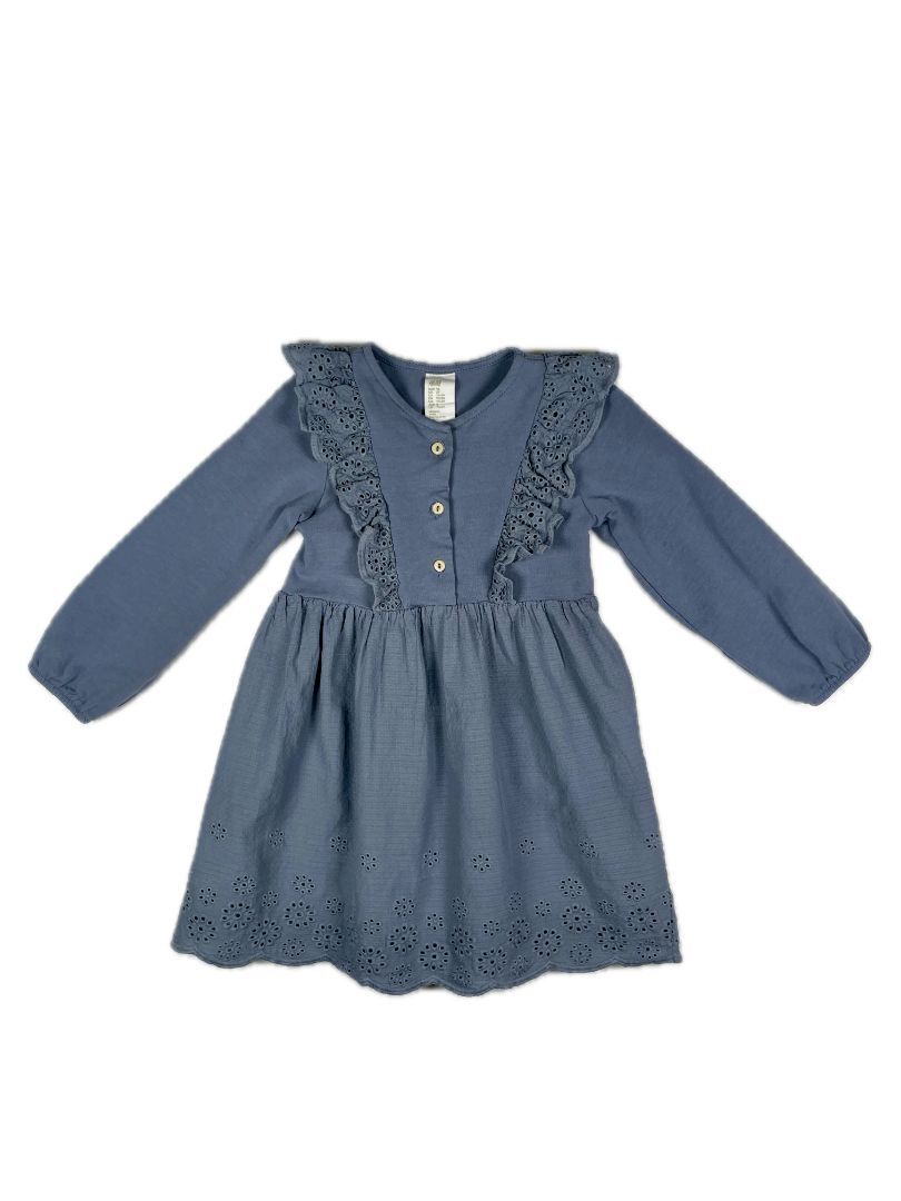 2/2T H&M, Blue, Long-sleeve dress, flower eyelet trim, ruffles at chest