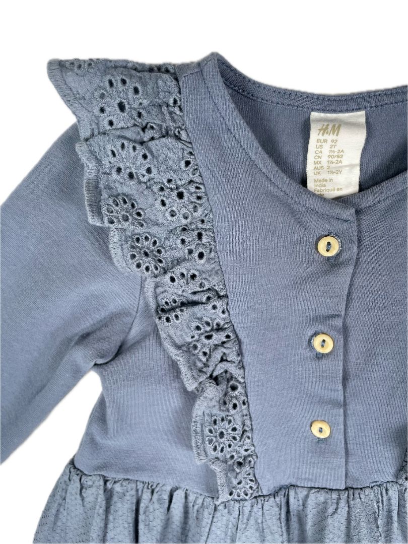 2/2T H&M, Blue, Long-sleeve dress, flower eyelet trim, ruffles at chest