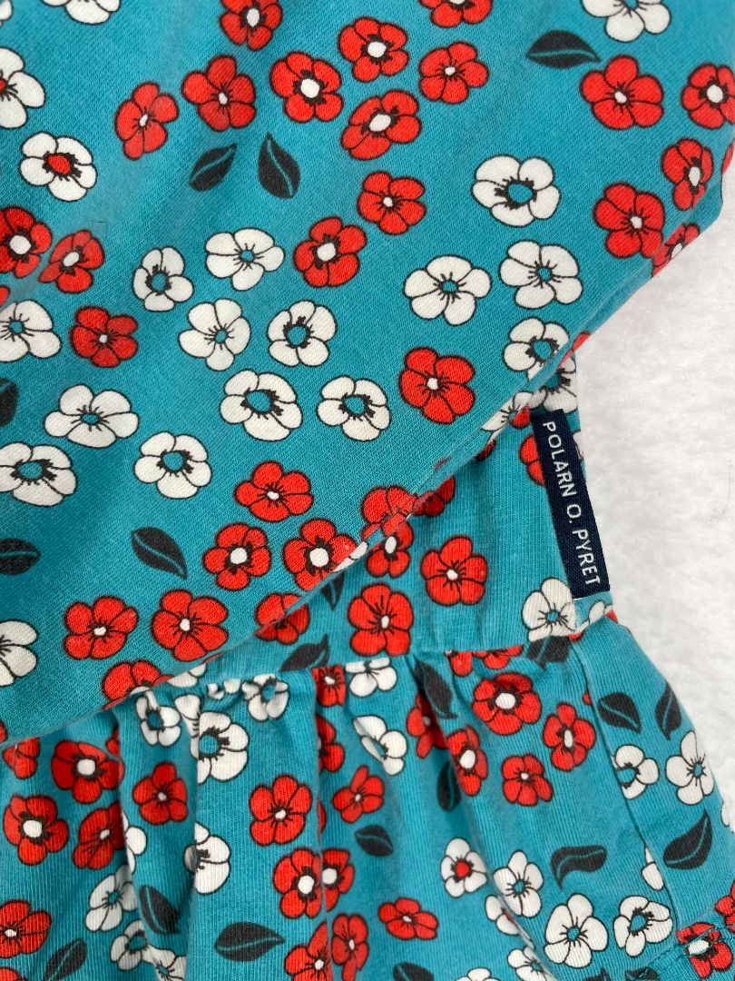 12-18 mo Polarn O. Pyret, Blue, Long-sleeve floral print dress, soft cotton + stretch, red/white flowers