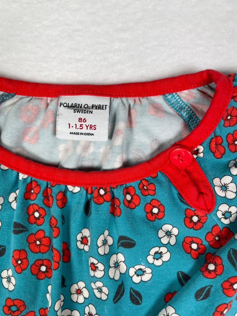 12-18 mo Polarn O. Pyret, Blue, Long-sleeve floral print dress, soft cotton + stretch, red/white flowers