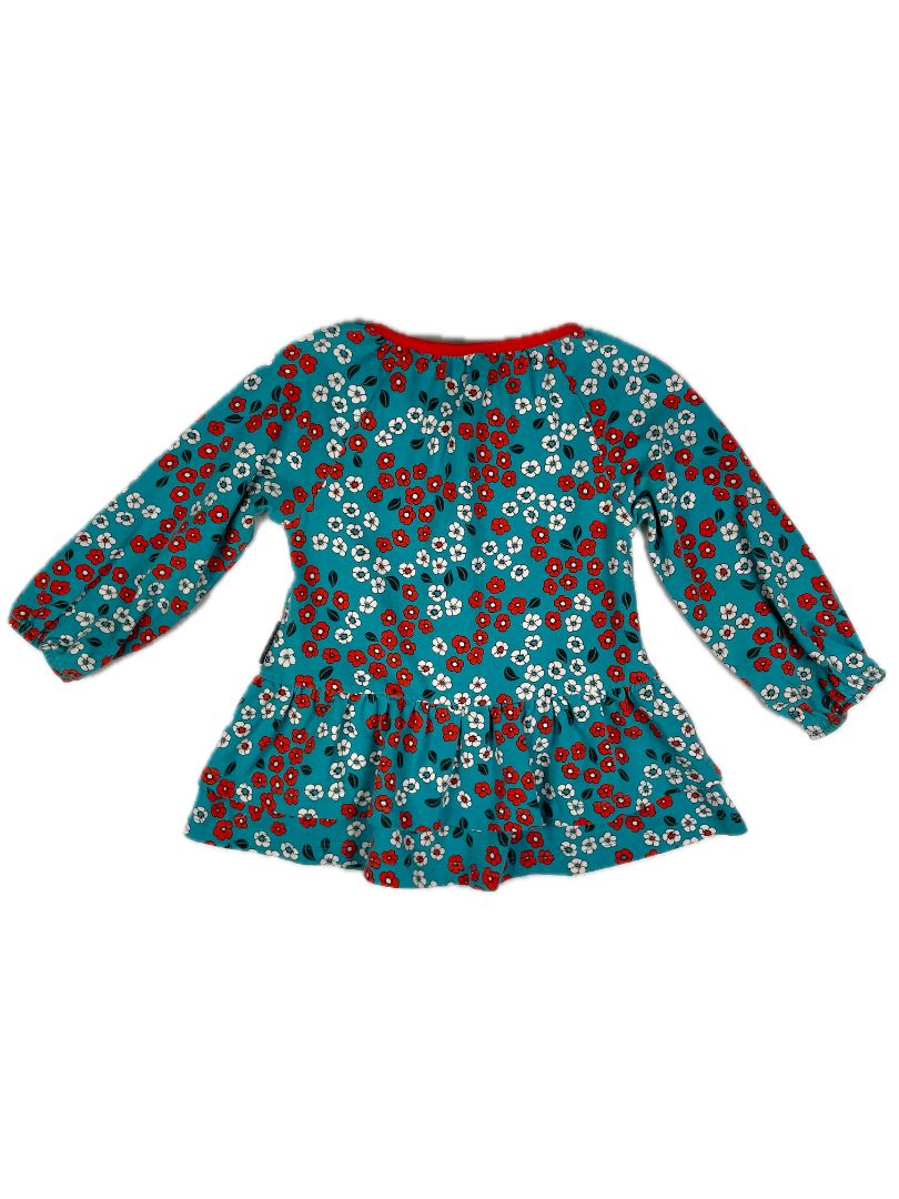 12-18 mo Polarn O. Pyret, Blue, Long-sleeve floral print dress, soft cotton + stretch, red/white flowers