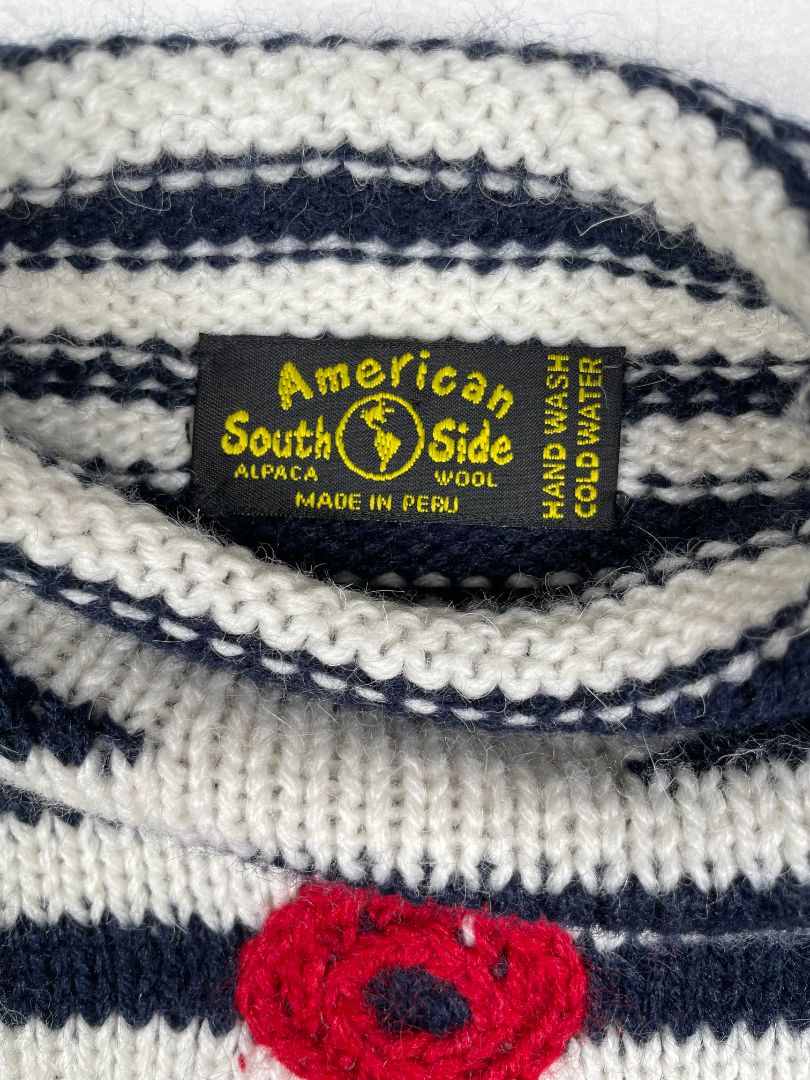 2/2T American South Side, Multi, Navy/white striped sweater w/ red anchor, mock neck, 100% alpaca wool